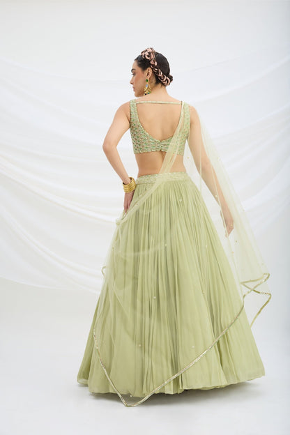 PISTA GREEN LEHENGA WITH EMBROIDERED BLOUSE AND DUPATTA - White Maison de Couture