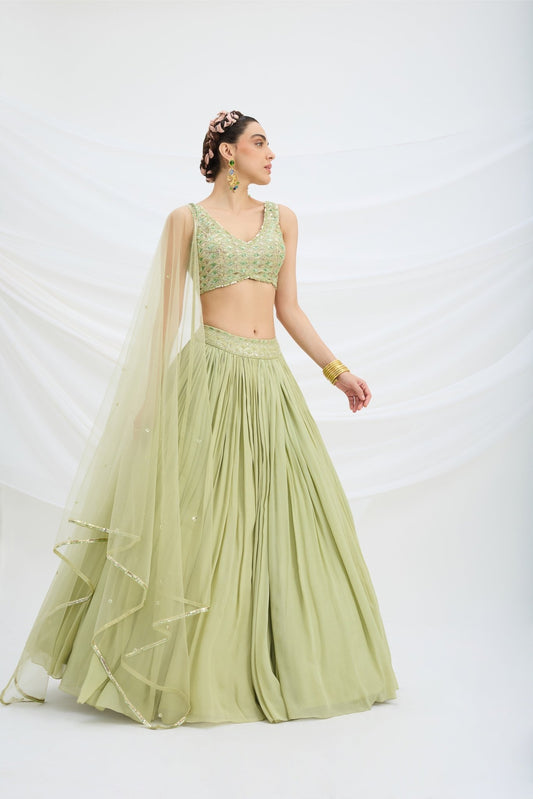PISTA GREEN LEHENGA WITH EMBROIDERED BLOUSE AND DUPATTA - White Maison de Couture