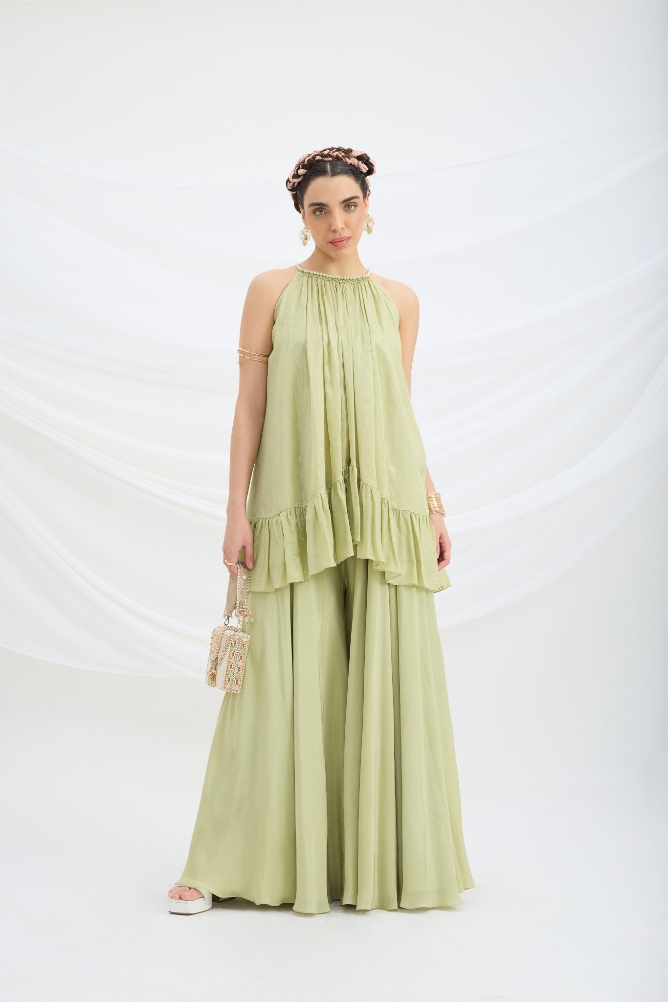 PISTA GREEN TOP AND SHARARA - White Maison de Couture