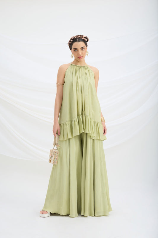 PISTA GREEN TOP AND SHARARA - White Maison de Couture