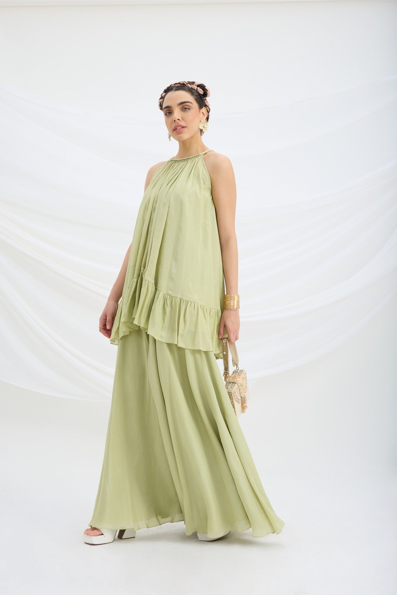 PISTA GREEN TOP AND SHARARA - White Maison de Couture
