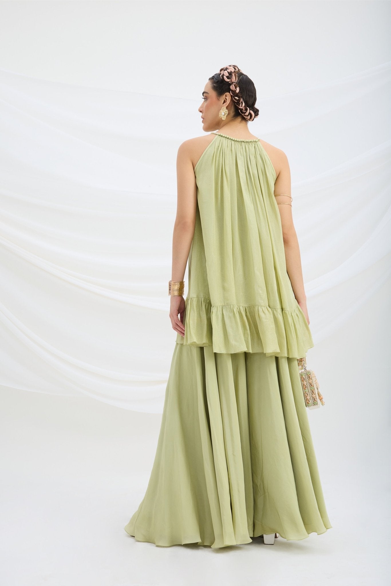 PISTA GREEN TOP AND SHARARA - White Maison de Couture