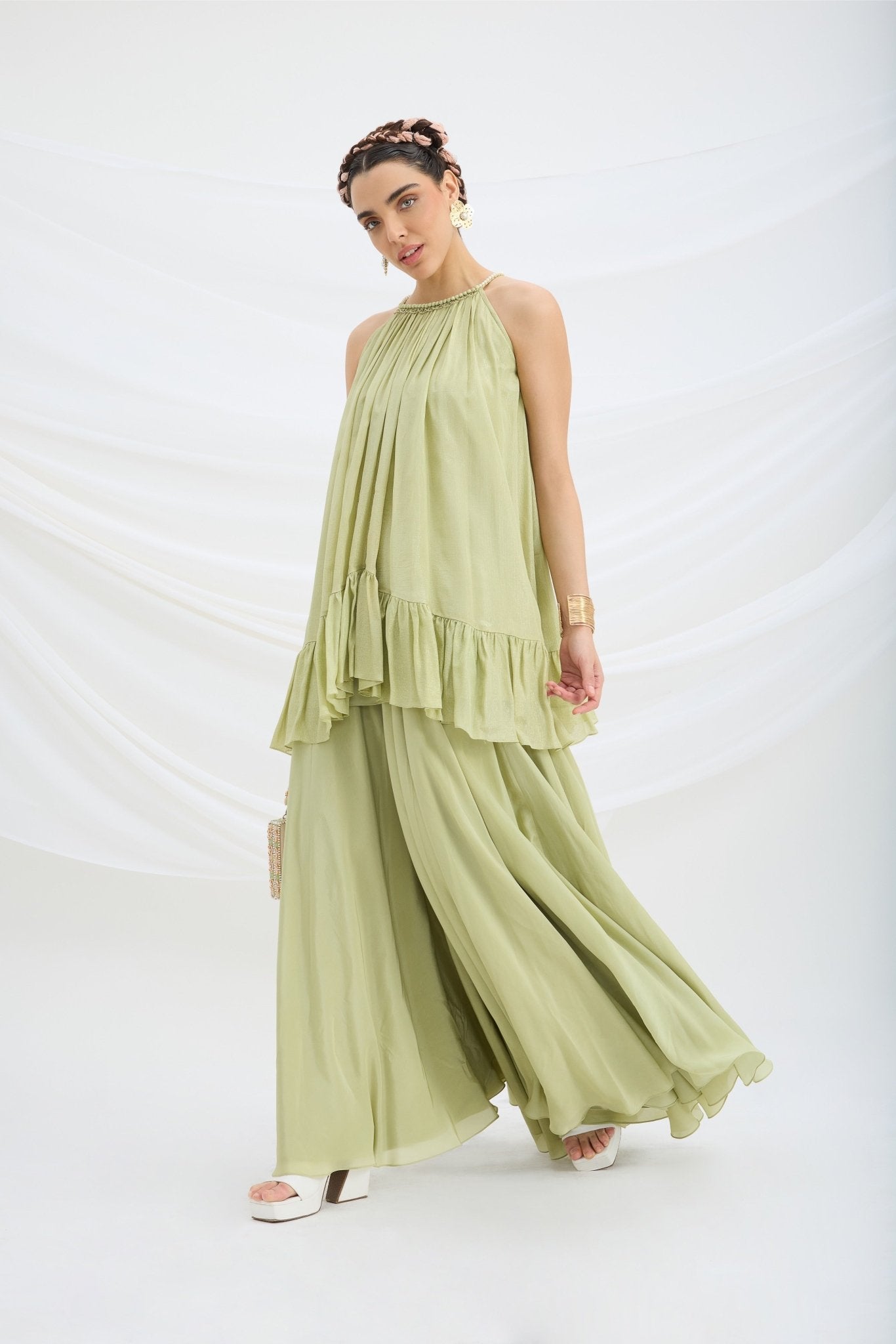 PISTA GREEN TOP AND SHARARA - White Maison de Couture