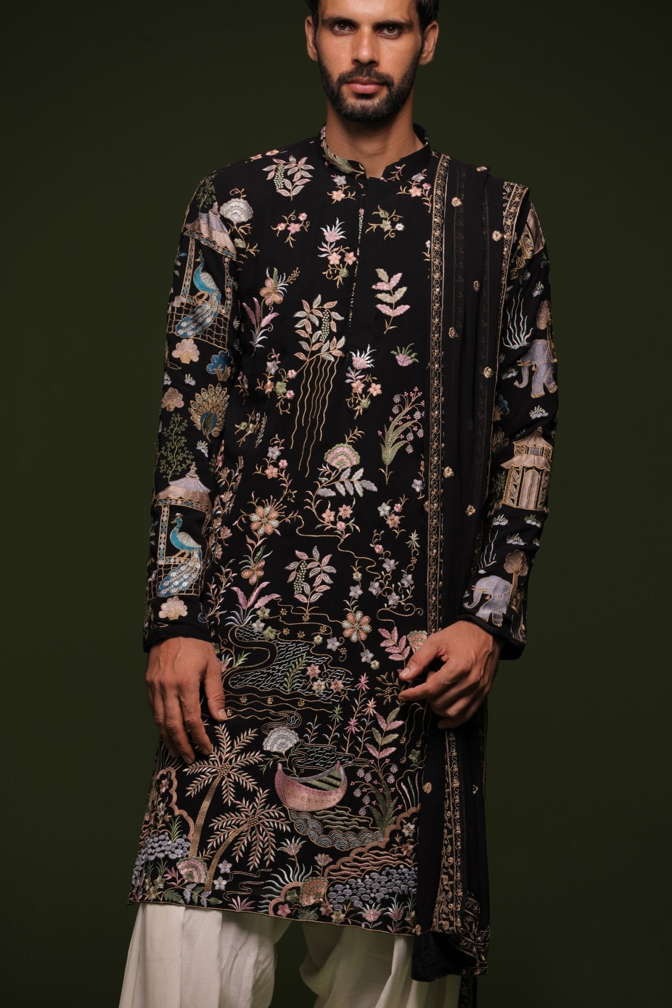 PITRI BLACK KURTA SET WITH PATIYALA AND DUPATTA - White Maison de Couture
