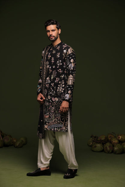 PITRI BLACK KURTA SET WITH PATIYALA AND DUPATTA - White Maison de Couture
