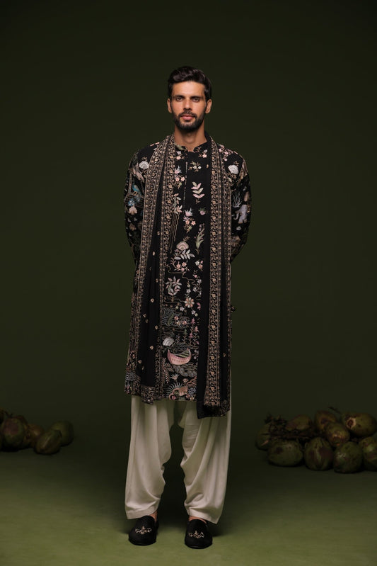 PITRI BLACK KURTA SET WITH PATIYALA AND DUPATTA - White Maison de Couture