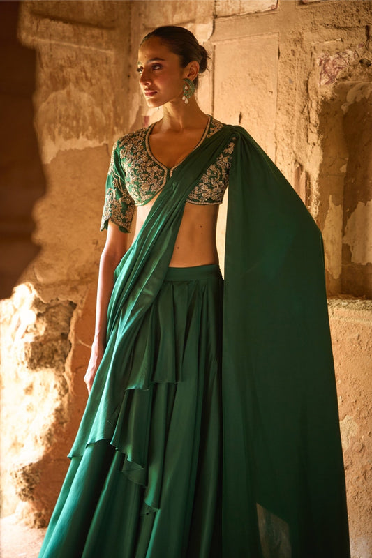 PRE DAPE SAREE WITH EMBROIDERED BLOUSE - White Maison de Couture