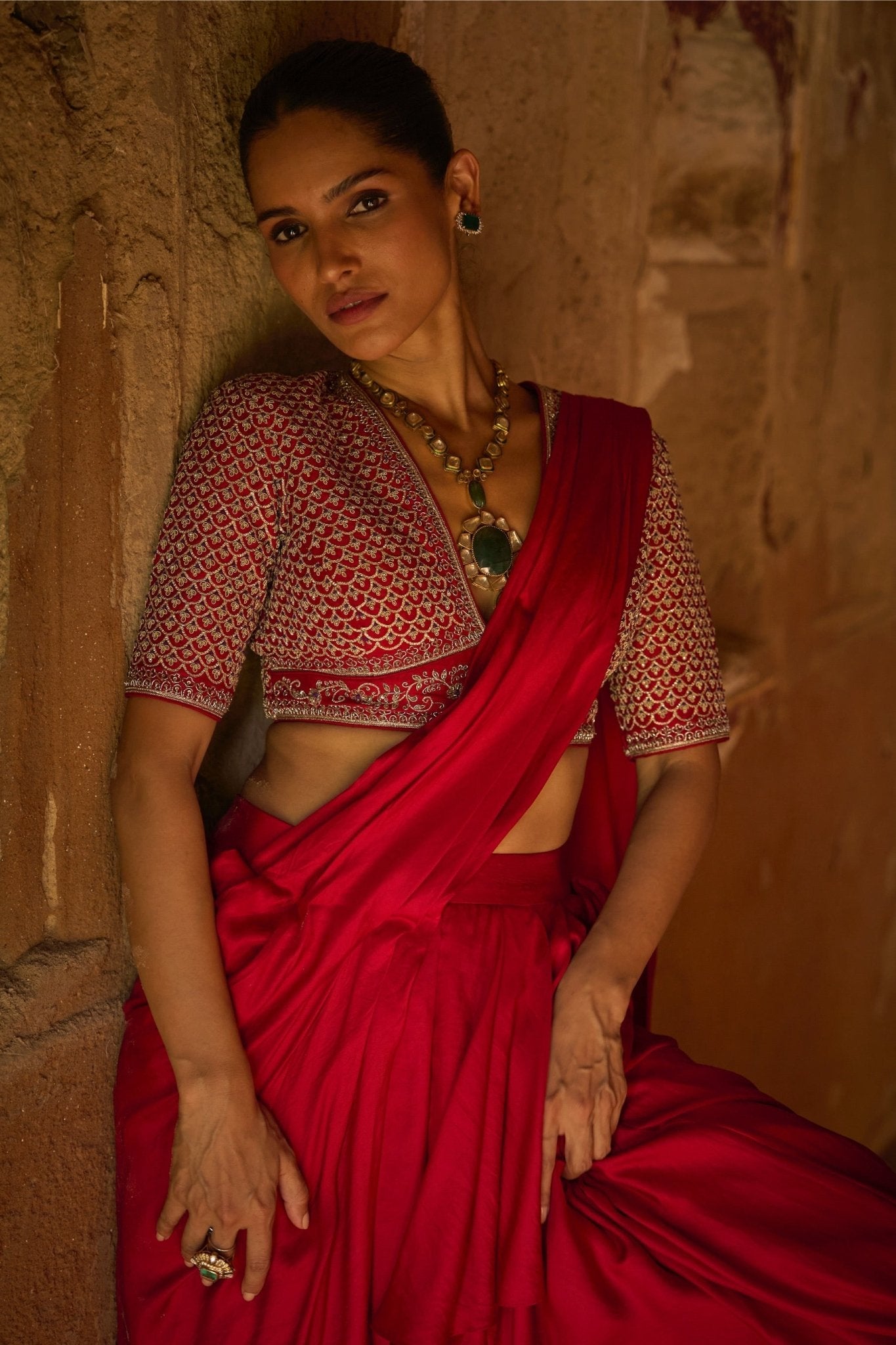 PRE DAPE SAREE WITH EMBROIDERED BLOUSE - White Maison de Couture