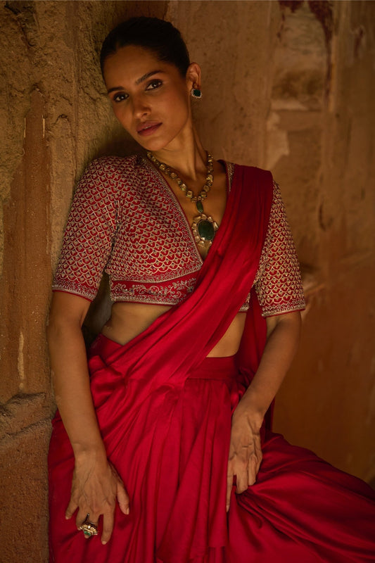 PRE DAPE SAREE WITH EMBROIDERED BLOUSE - White Maison de Couture