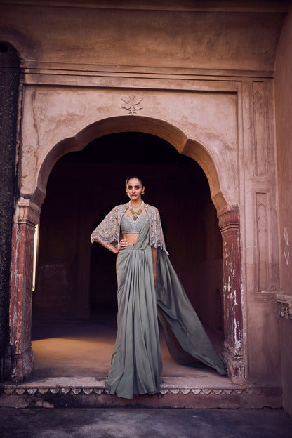 PRE DAPE SAREE WITH EMBROIDERED CAPE AND BLOUSE - White Maison de Couture