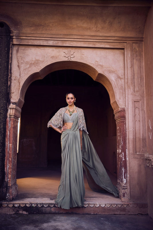 PRE DAPE SAREE WITH EMBROIDERED CAPE AND BLOUSE - White Maison de Couture