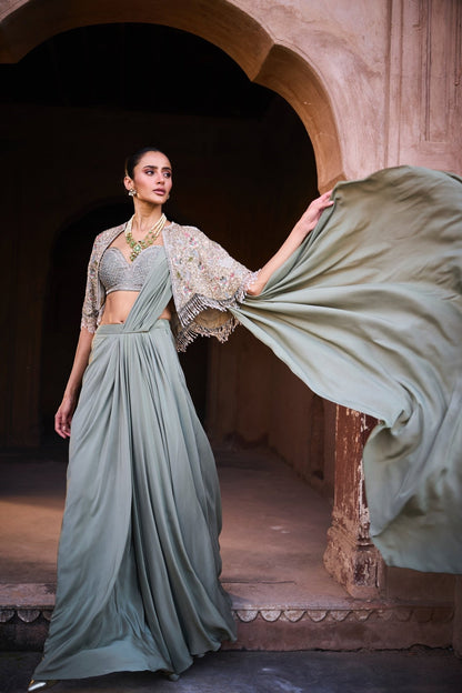 PRE DAPE SAREE WITH EMBROIDERED CAPE AND BLOUSE - White Maison de Couture