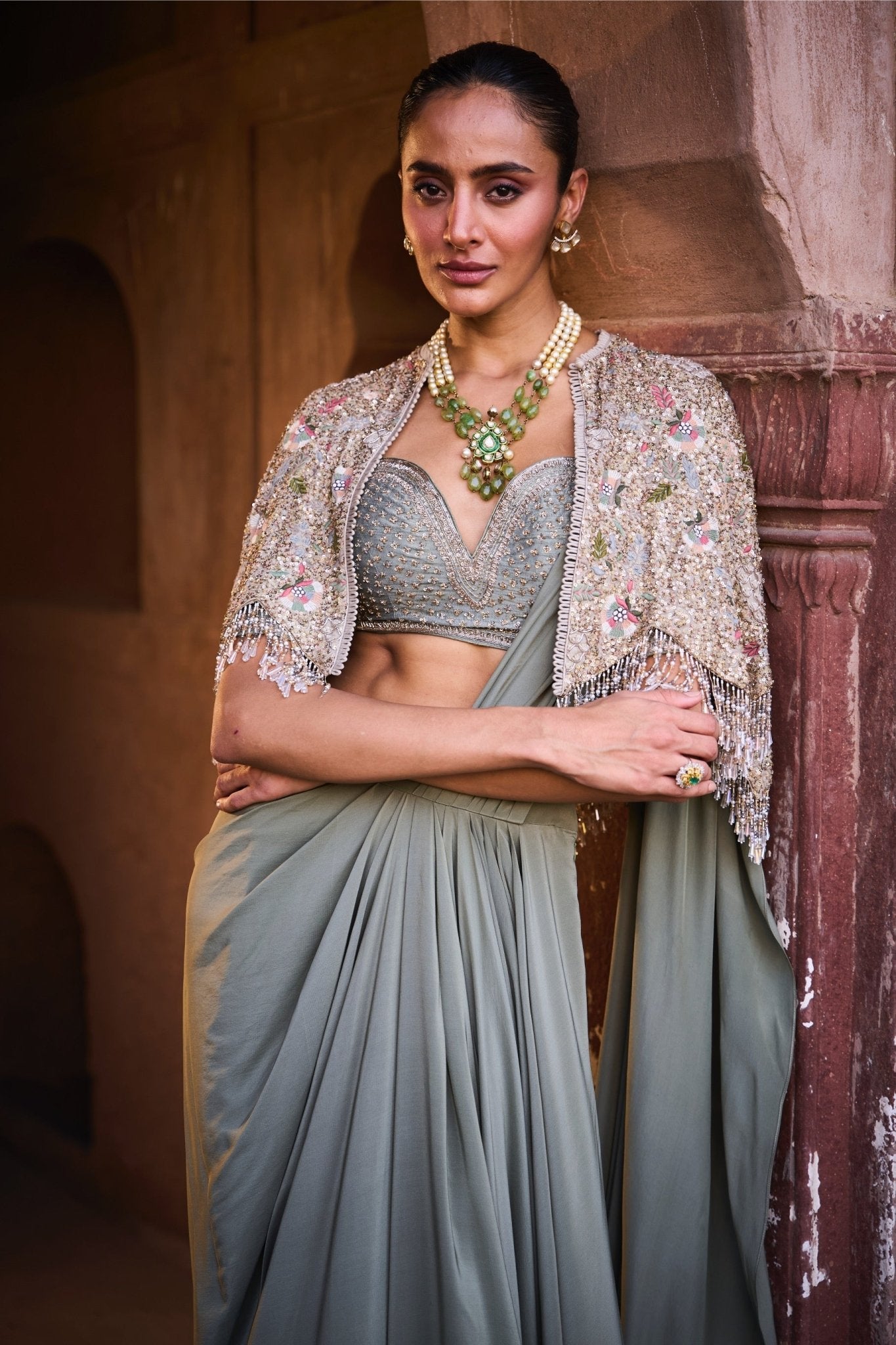 PRE DAPE SAREE WITH EMBROIDERED CAPE AND BLOUSE - White Maison de Couture