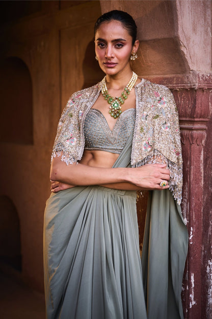 PRE DAPE SAREE WITH EMBROIDERED CAPE AND BLOUSE - White Maison de Couture