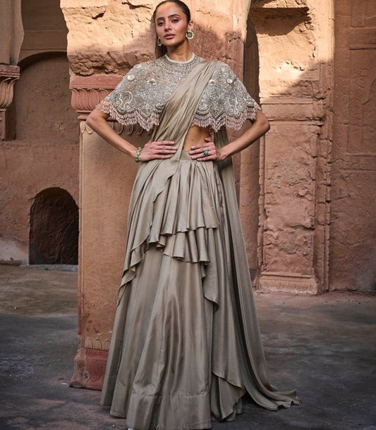 PRE DRAPE SAREE WITH EMBROIDERED CAPE - White Maison de Couture