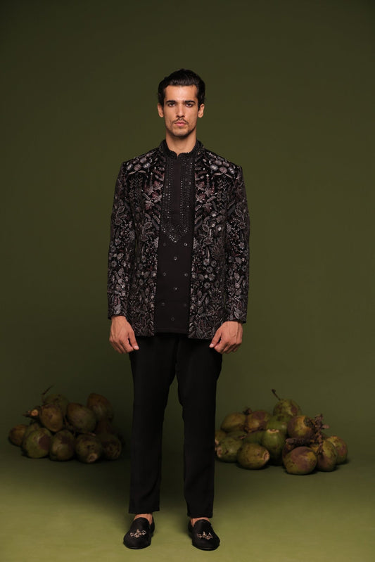 RAGHUNANDAN BLACK JODHPURI SET WITH SHIRT PANT - White Maison de Couture