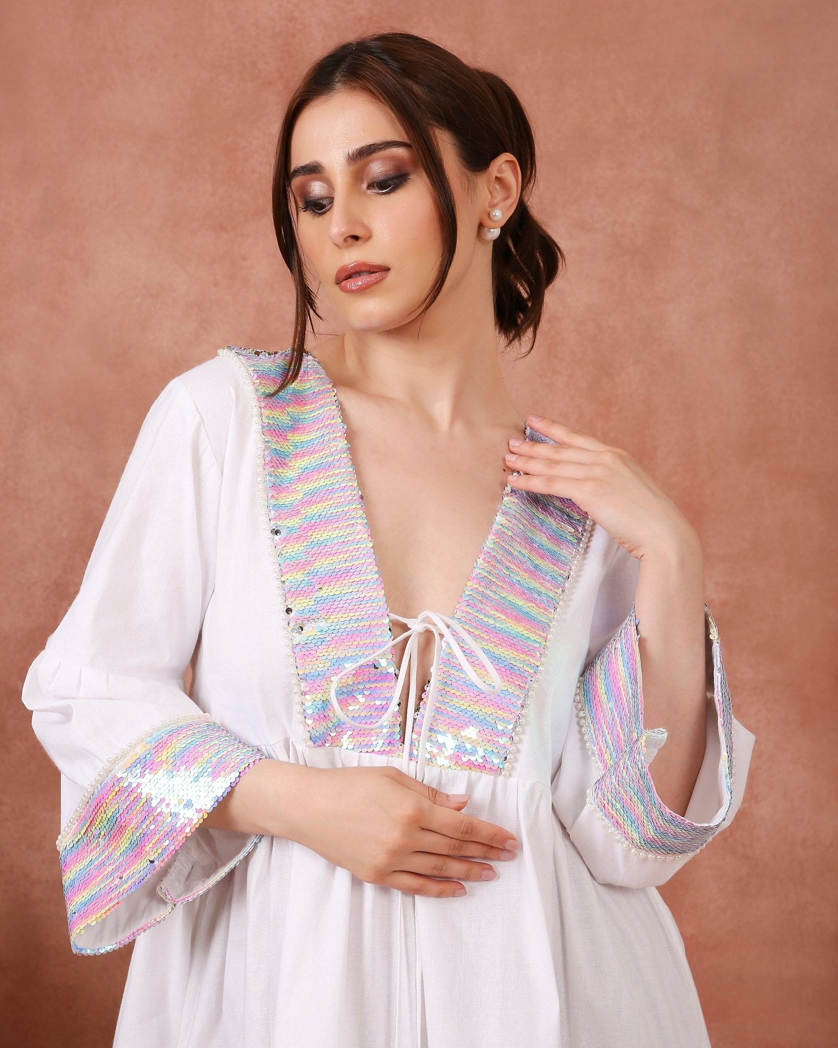 RAINBOW SEQUENCE FROCK ON LINEN - White Maison de Couture