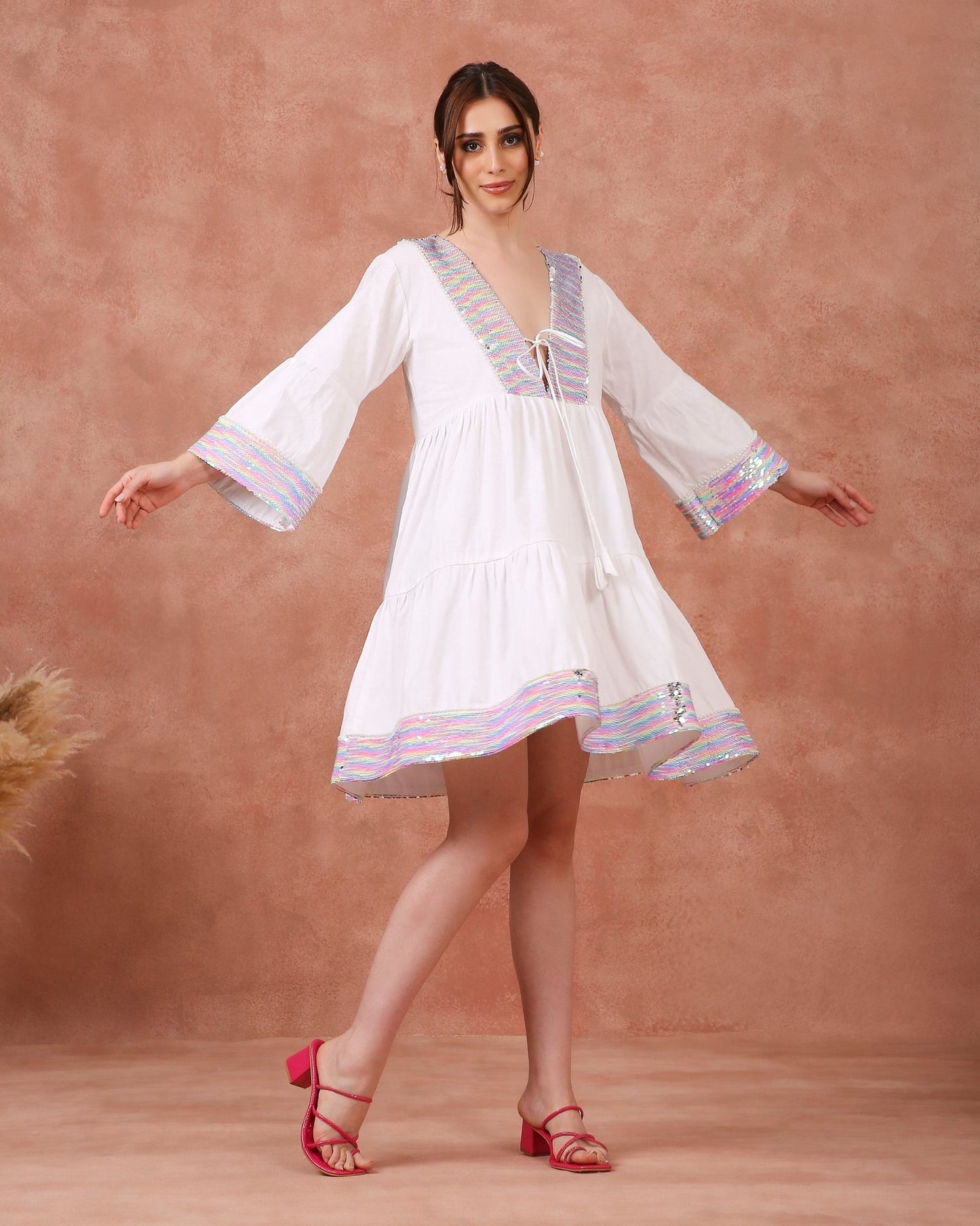 RAINBOW SEQUENCE FROCK ON LINEN - White Maison de Couture