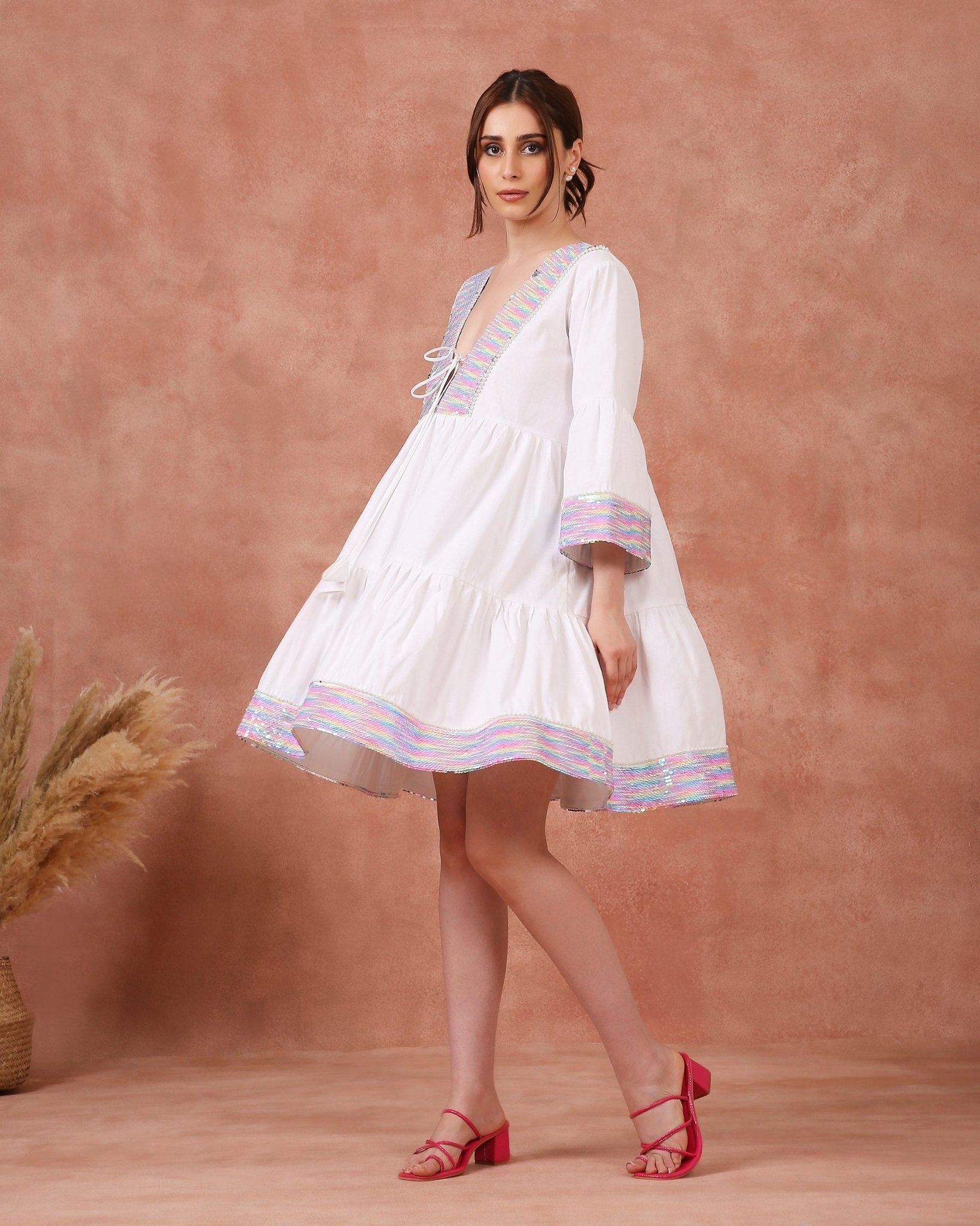 RAINBOW SEQUENCE FROCK ON LINEN - White Maison de Couture