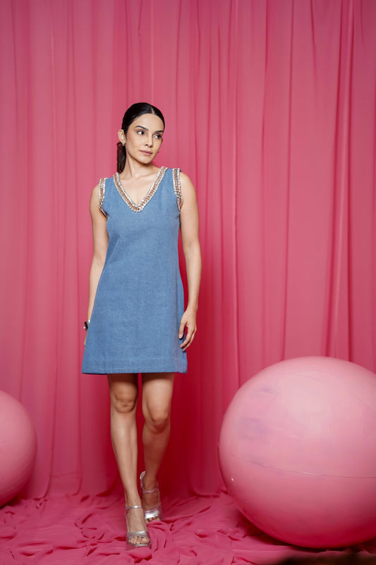RIVIERA JEWELED DENIM DRESS IN AZURE - White Maison de Couture