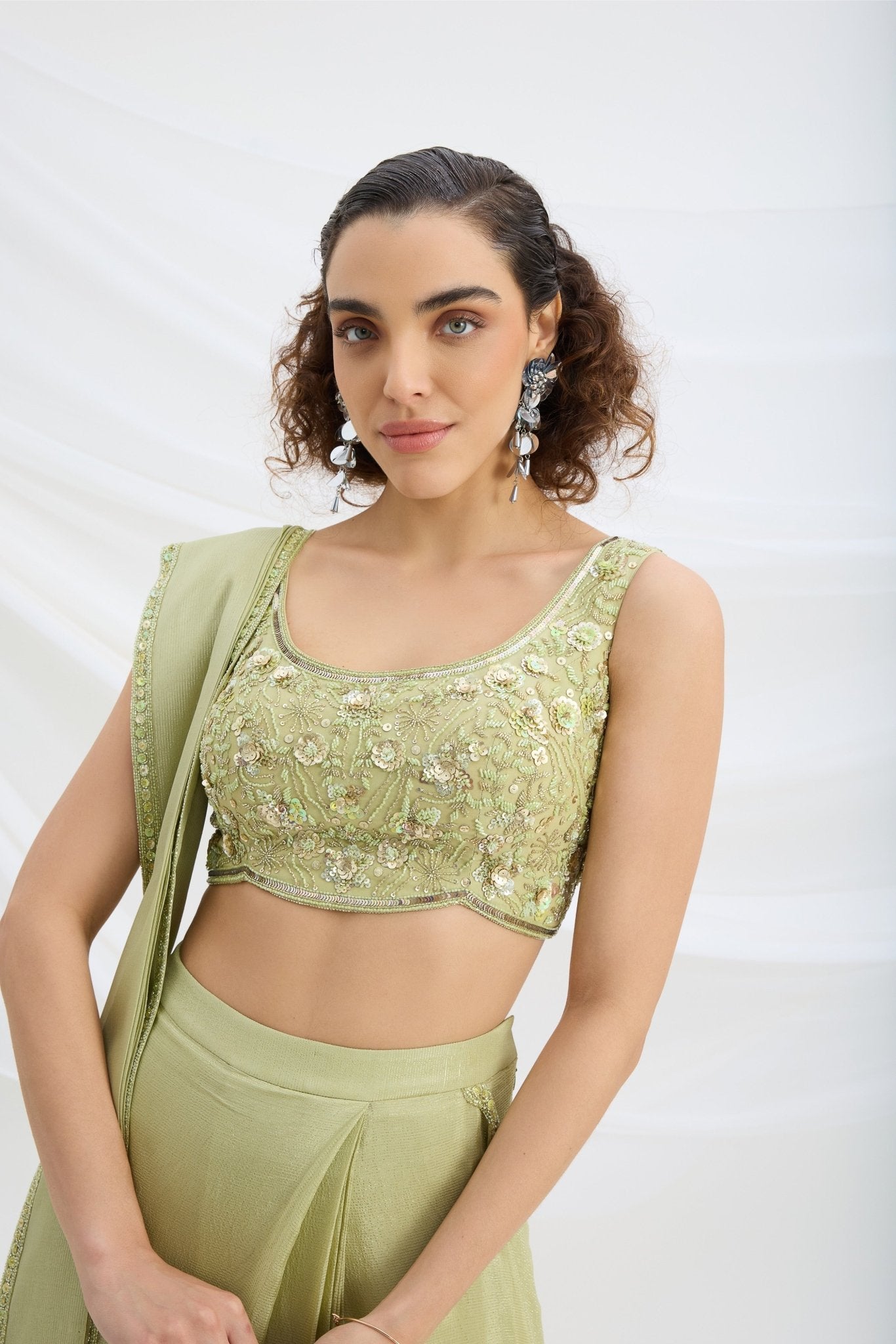 SAGE GREEN DRAPE SET SAREE WITH EMBROIDERED BLOUSE - White Maison de Couture