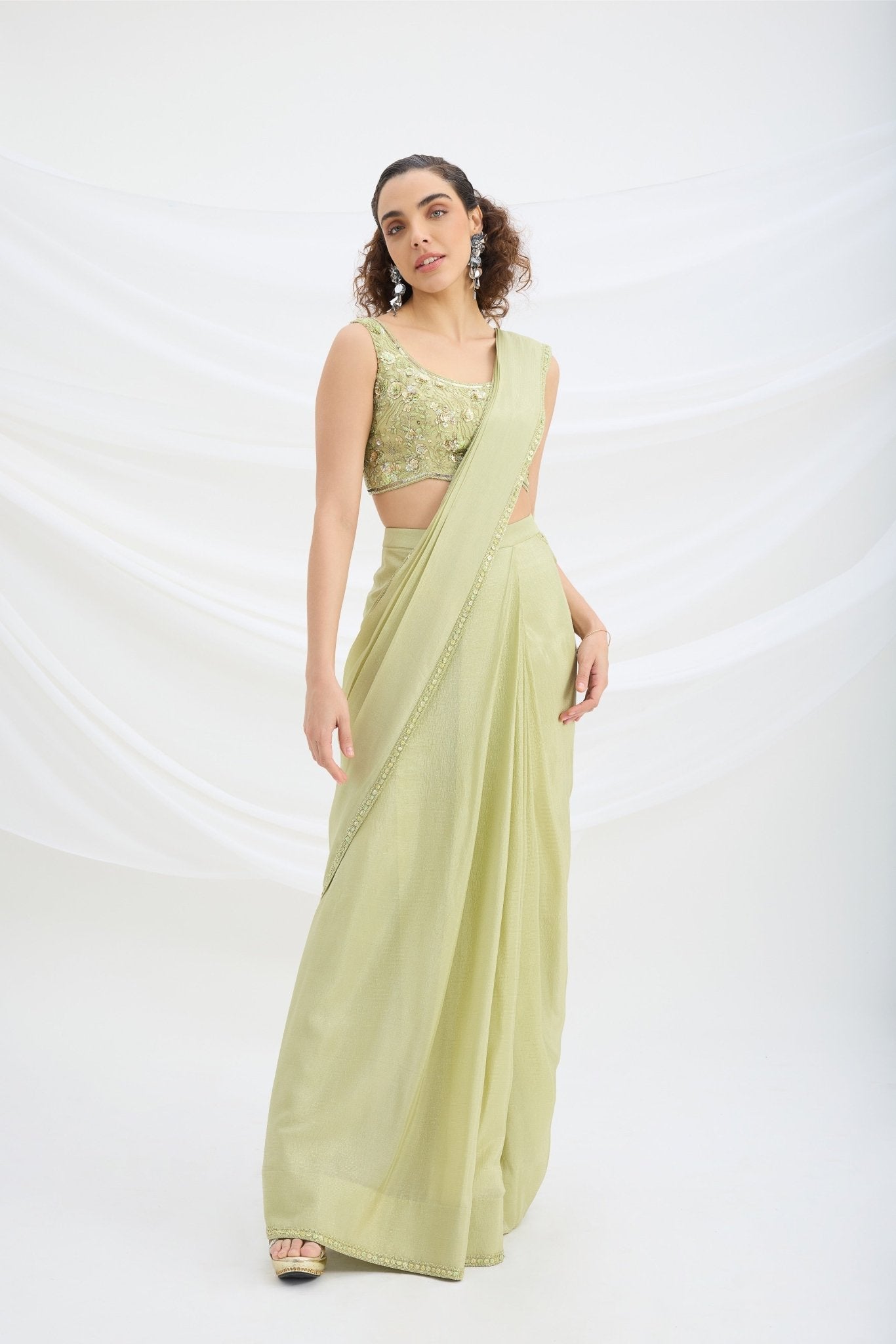 SAGE GREEN DRAPE SET SAREE WITH EMBROIDERED BLOUSE - White Maison de Couture