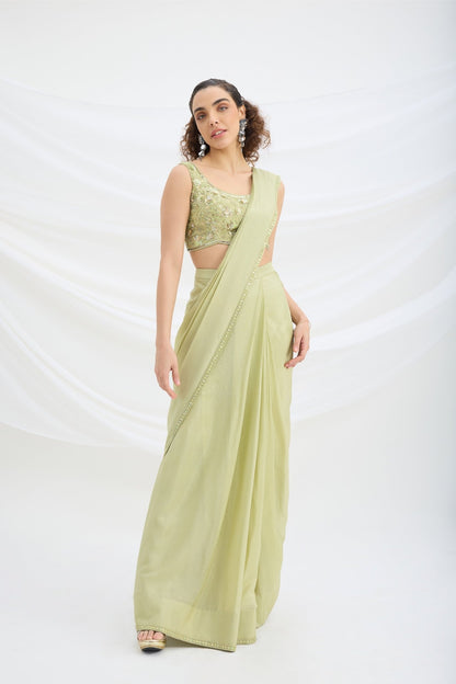 SAGE GREEN DRAPE SET SAREE WITH EMBROIDERED BLOUSE - White Maison de Couture