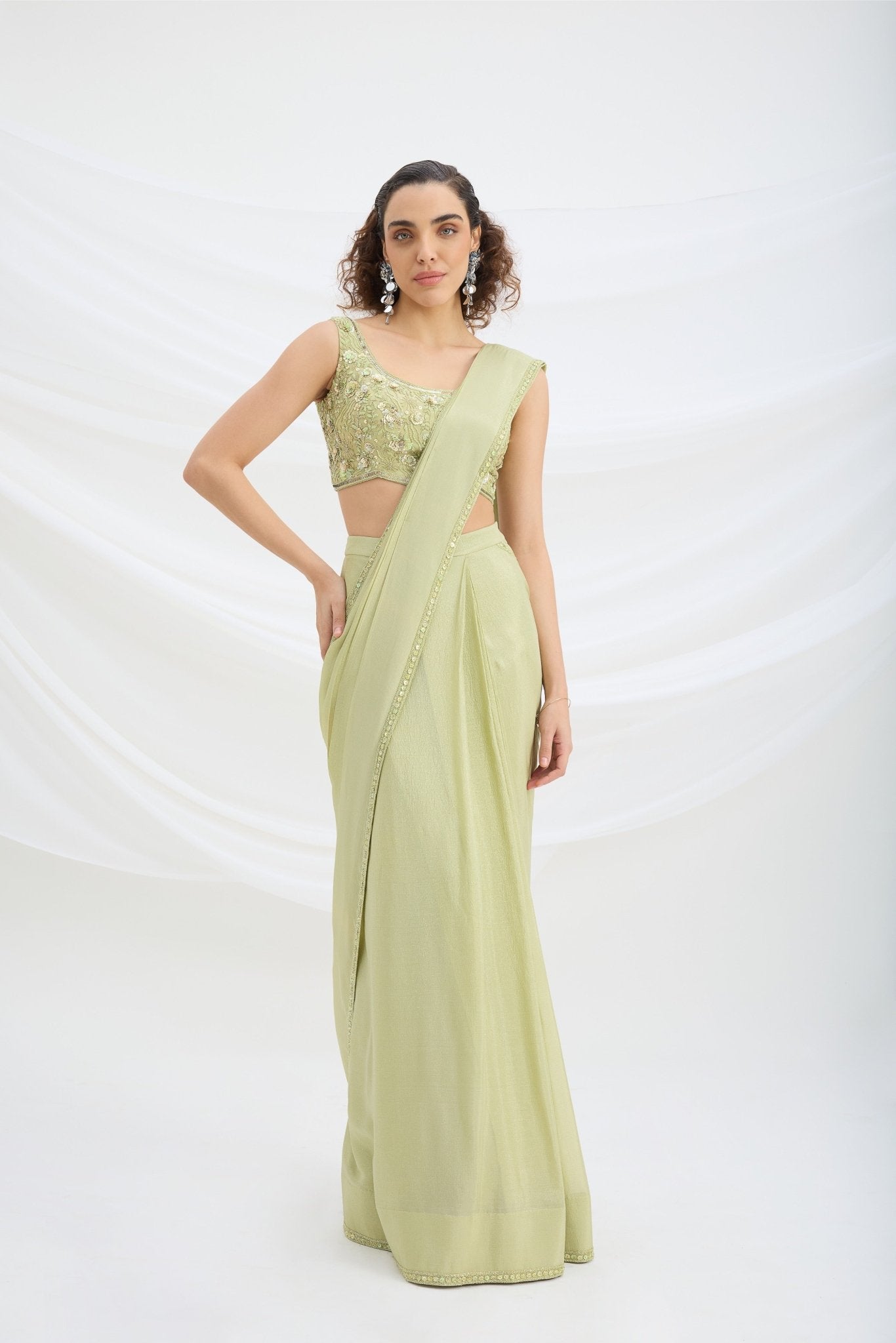 SAGE GREEN DRAPE SET SAREE WITH EMBROIDERED BLOUSE - White Maison de Couture