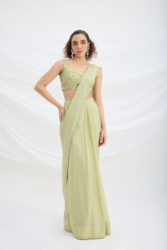 SAGE GREEN DRAPE SET SAREE WITH EMBROIDERED BLOUSE - White Maison de Couture