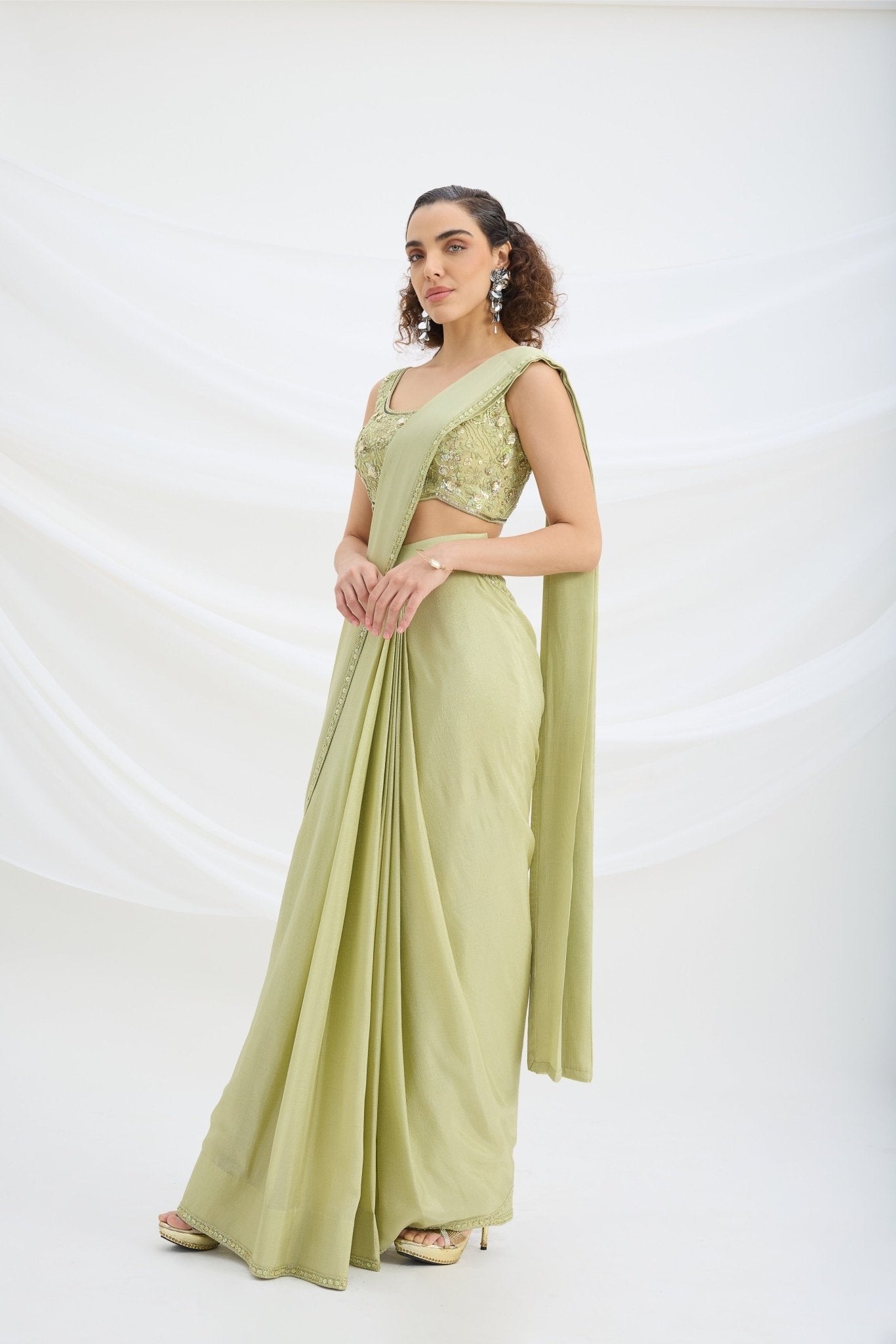 SAGE GREEN DRAPE SET SAREE WITH EMBROIDERED BLOUSE - White Maison de Couture