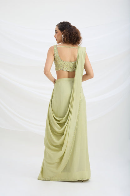 SAGE GREEN DRAPE SET SAREE WITH EMBROIDERED BLOUSE - White Maison de Couture