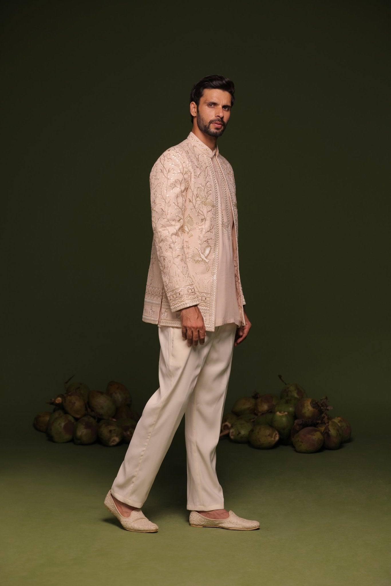 SATYA LIGHT PINK JODHPURI SET WITH SHORT KURTA PANT - White Maison de Couture