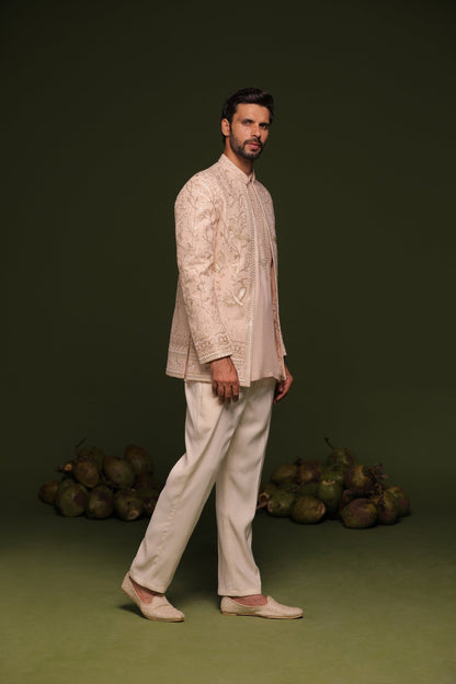 SATYA LIGHT PINK JODHPURI SET WITH SHORT KURTA PANT - White Maison de Couture