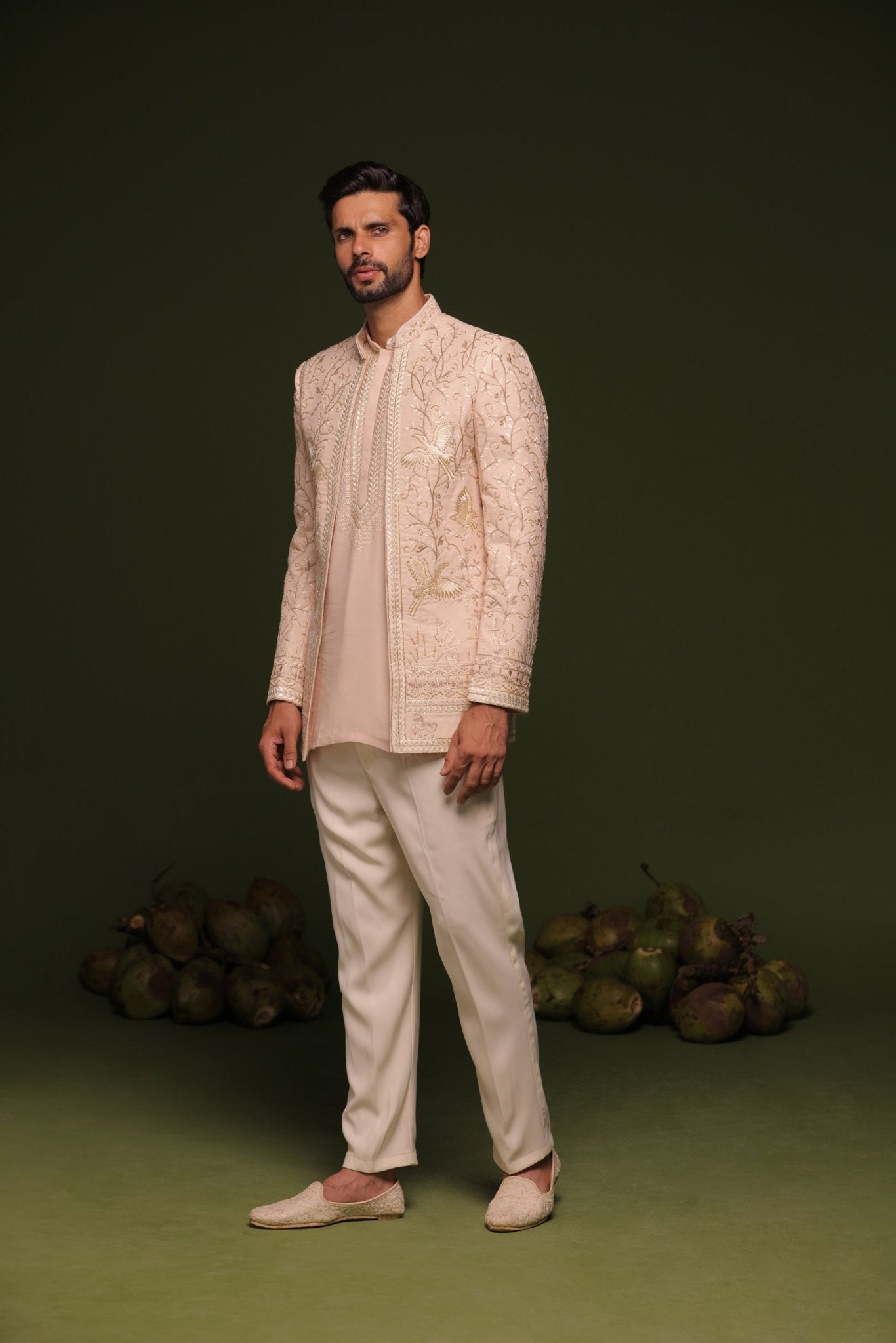 SATYA LIGHT PINK JODHPURI SET WITH SHORT KURTA PANT - White Maison de Couture