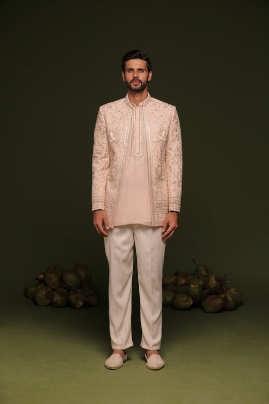 SATYA LIGHT PINK JODHPURI SET WITH SHORT KURTA PANT - White Maison de Couture
