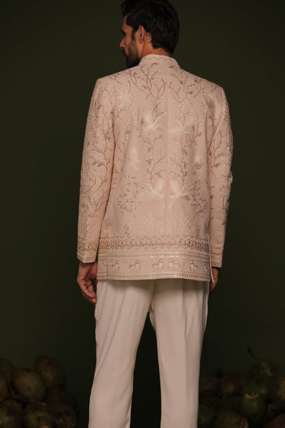 SATYA LIGHT PINK JODHPURI SET WITH SHORT KURTA PANT - White Maison de Couture