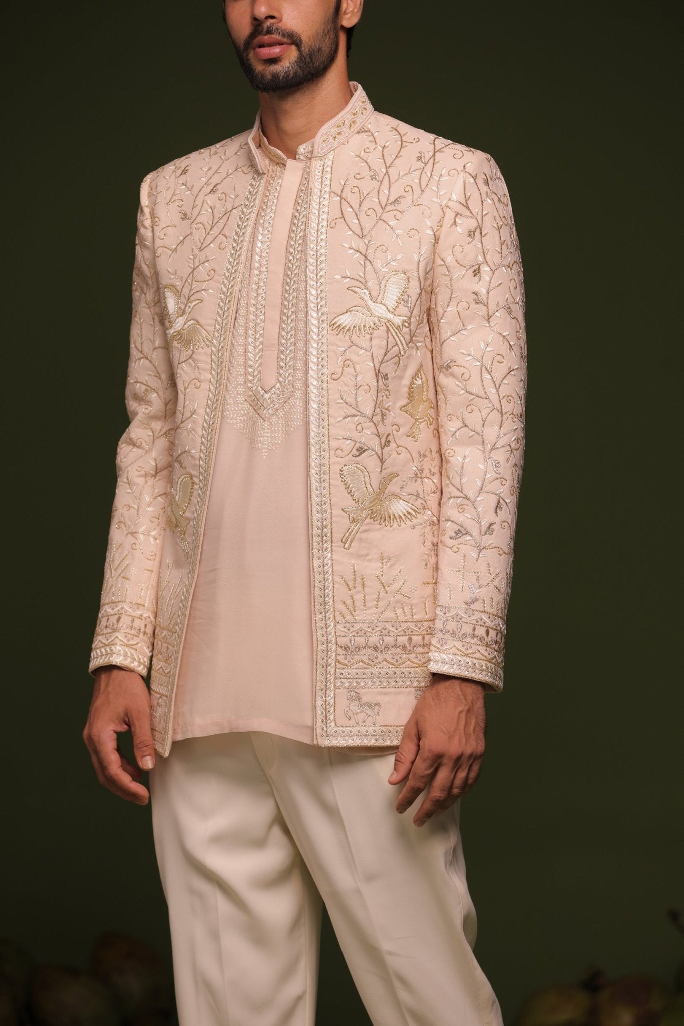 SATYA LIGHT PINK JODHPURI SET WITH SHORT KURTA PANT - White Maison de Couture