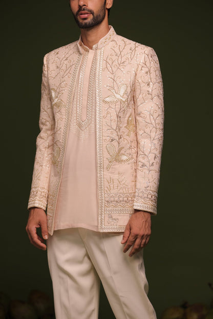 SATYA LIGHT PINK JODHPURI SET WITH SHORT KURTA PANT - White Maison de Couture