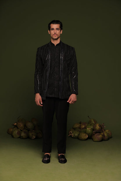 SATYAM BLACK JODHPURI SET WITH SHORT SHIRT AND PANT - White Maison de Couture