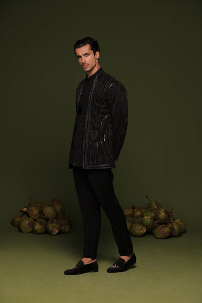 SATYAM BLACK JODHPURI SET WITH SHORT SHIRT AND PANT - White Maison de Couture