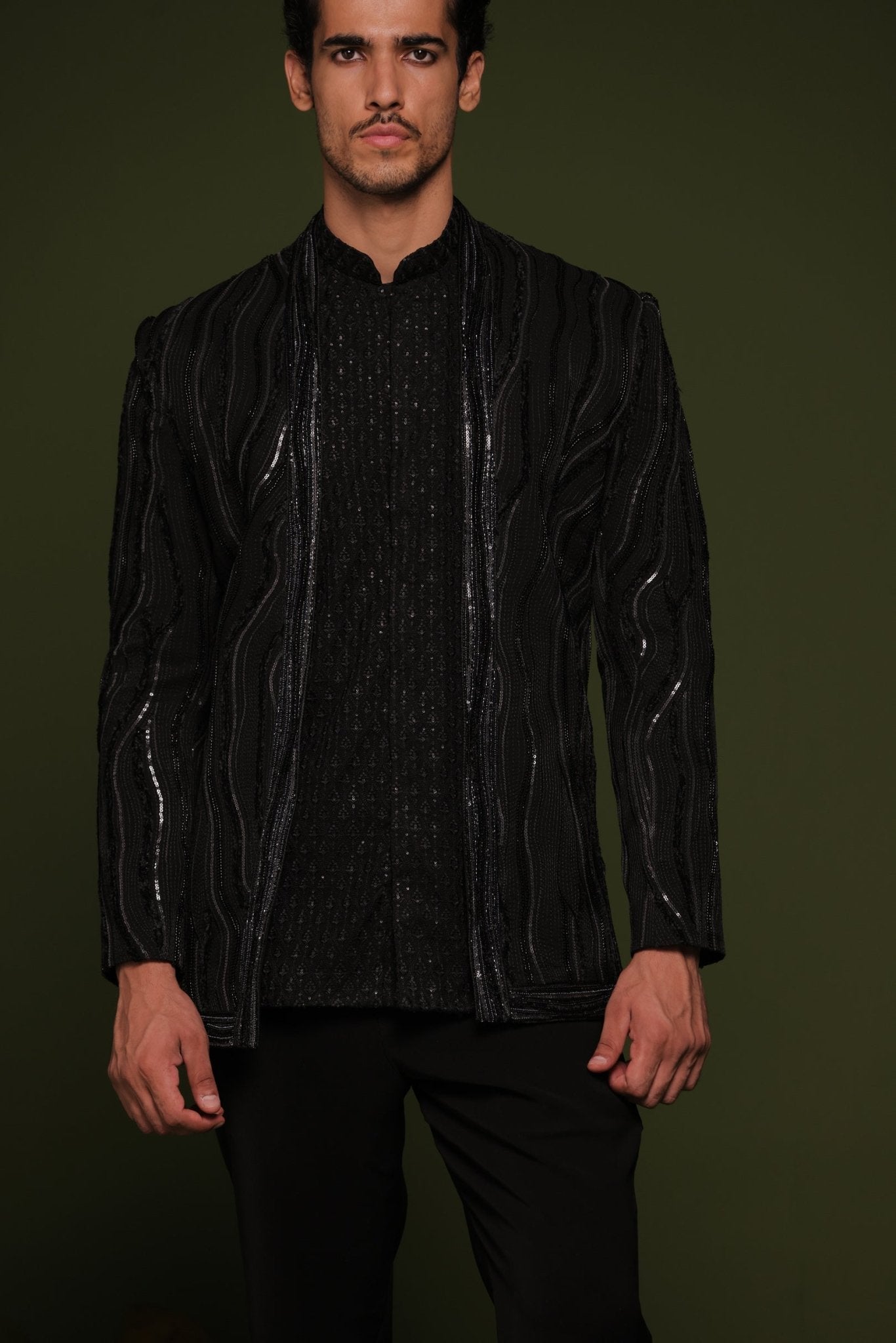 SATYAM BLACK JODHPURI SET WITH SHORT SHIRT AND PANT - White Maison de Couture