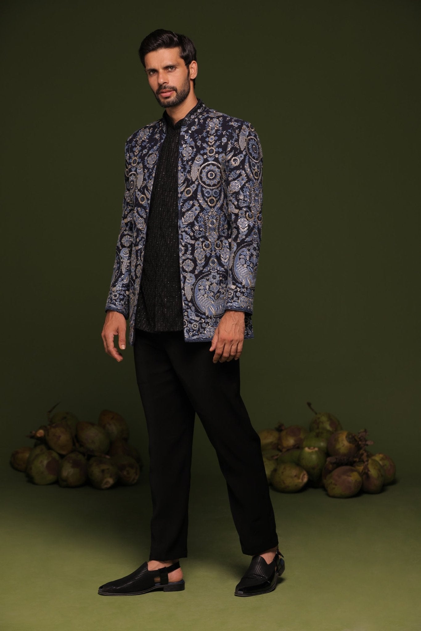 SHAURYA MULTI JODHPURI SET WITH SHORT EMBROIDERED SHIRT AND PANT - White Maison de Couture
