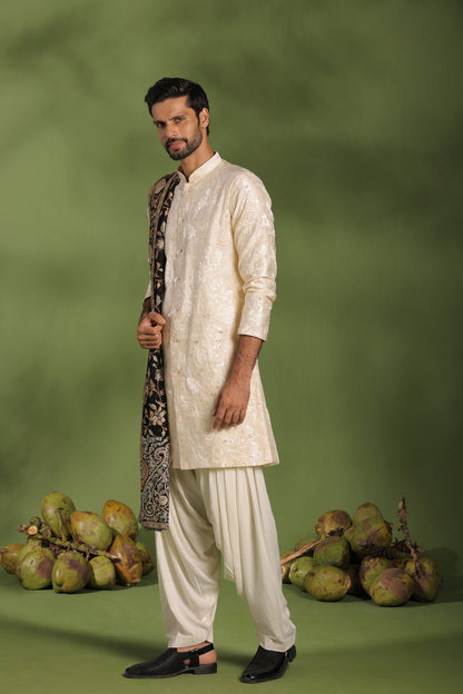 KAUSTUBH CREAM FRONT OPEN KURTA PATIYALA SET WITH DUPATTA