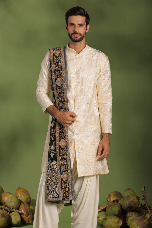 KAUSTUBH CREAM FRONT OPEN KURTA PATIYALA SET WITH DUPATTA