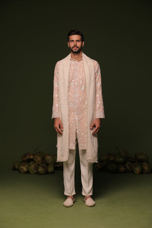 ILESH CREAM FRONT OPEN KURTA SET WITH TROUSER AND DUPATTA
