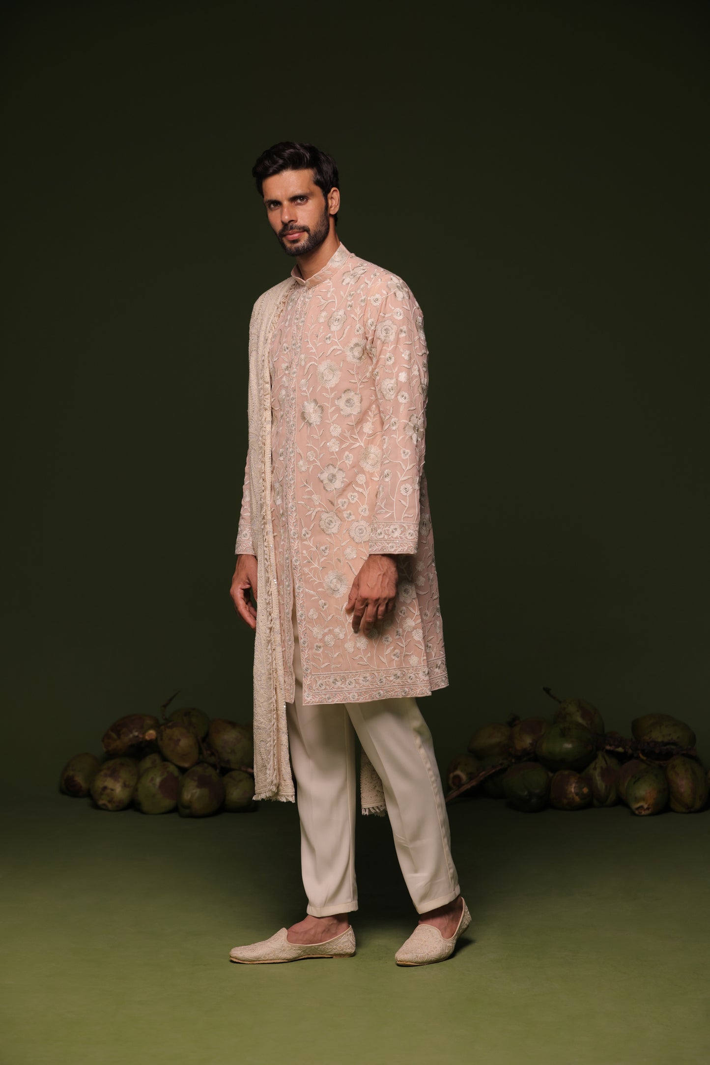 ILESH CREAM FRONT OPEN KURTA SET WITH TROUSER AND DUPATTA