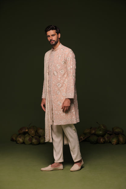 ILESH CREAM FRONT OPEN KURTA SET WITH TROUSER AND DUPATTA