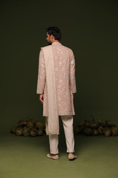 ILESH CREAM FRONT OPEN KURTA SET WITH TROUSER AND DUPATTA