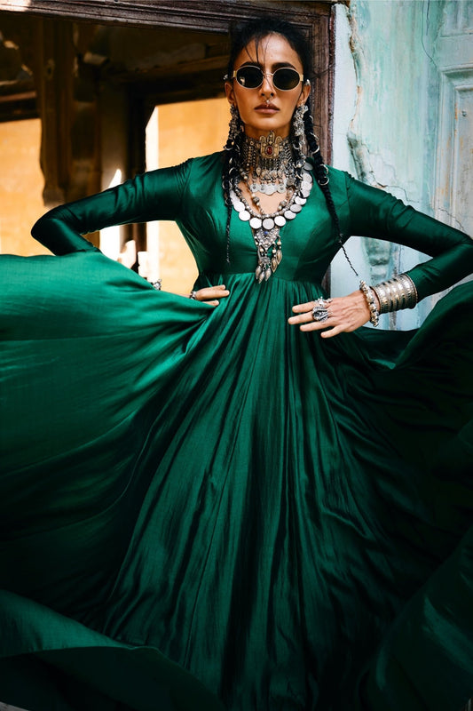 SILK PLAIN ANARKALI - White Maison de Couture