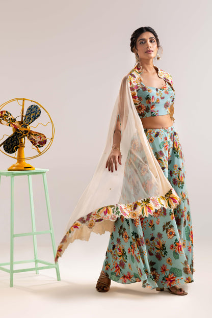 AARANI EMBROIDERED PALAZZO SET WITH A CAPE
